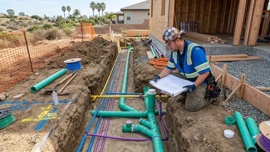 Underground Plumbing Installation San Diego, CA with underground pipes prepared for inspection and backfilling.