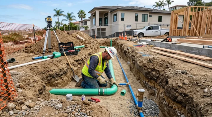 Underground Plumbing Installation San Diego, CA with water and sewer pipes at a residential construction site.